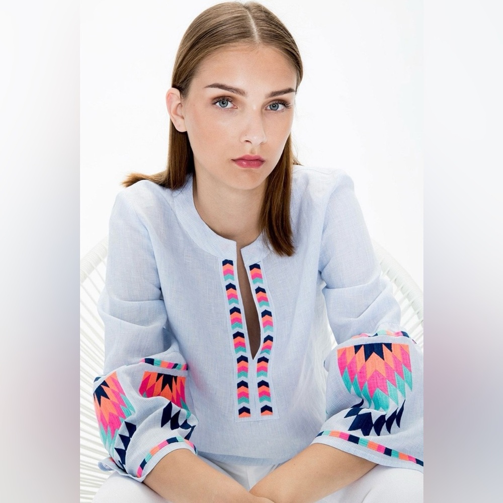 Vilagallo Tara Irish Blue Embroidered Blouse